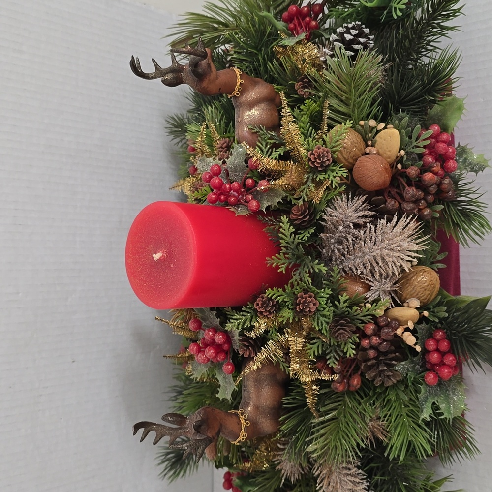Vintage Festive Red Candle Centerpiece with Reindeer Accents - Picture 2 of 16